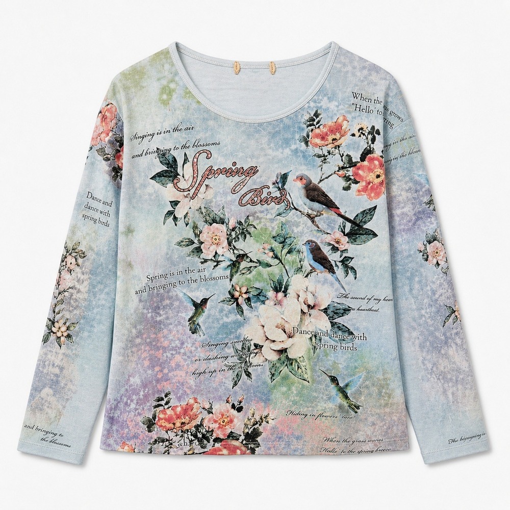 Y2K Bling Grunge Scene Graphic Long Sleeve Top Blue Hummingbird Grannycore XL
